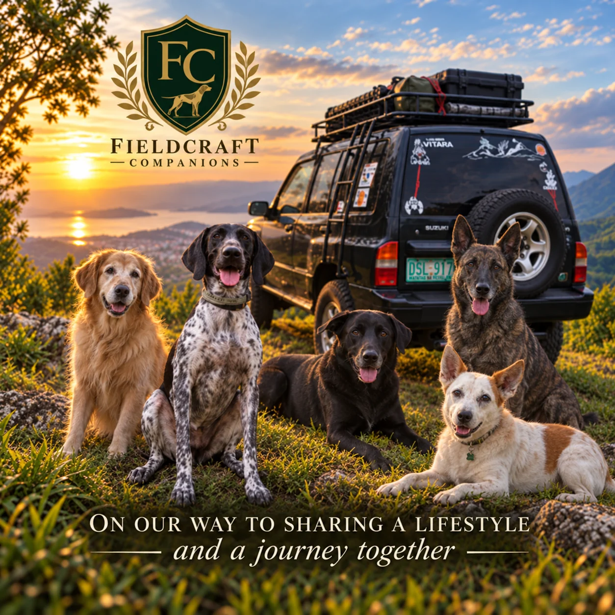 Dogs with the vehicle on a field journey